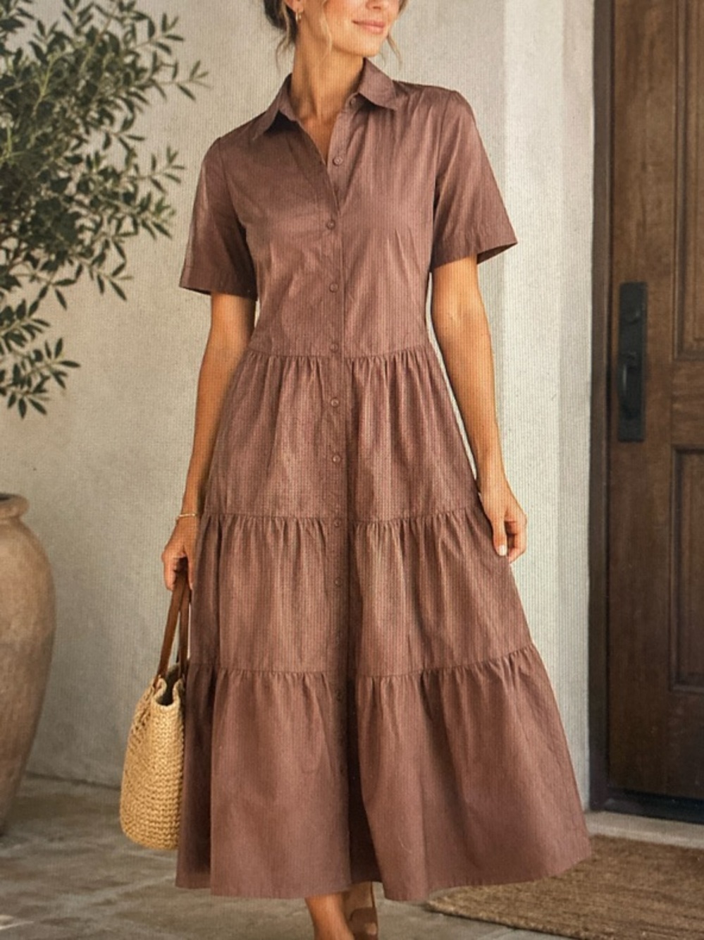 Evereve Evelyn Tiered Button Down Maxi Shirt Dress Neutral S652